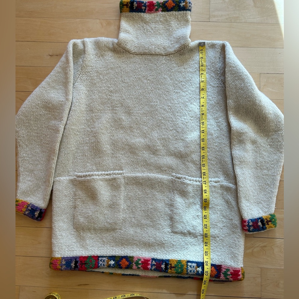 Amano 100% Wool Hand-Knit Funnel Neck Sweater Cream w/ Colorful Accents Size M/L - Picture 8 of 13